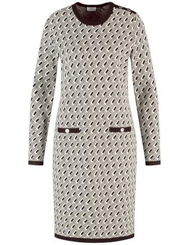 Gerry Weber Women's Elegant Knit Dress with Jacquard Pattern Long Sleeve Jacquard, Patterned Knee-Length Cream/Black Graphic Jacquard 46 on Sale